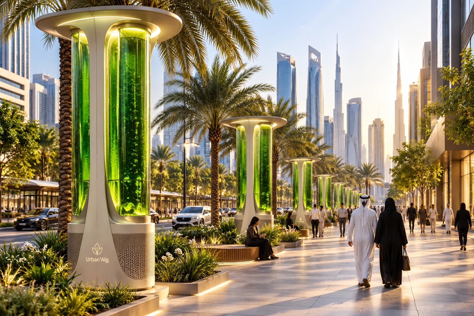 Architectural concept of multiple illuminated Urban’Alg units lining a palm-tree boulevard with pedestrians and a modern Gulf skyline