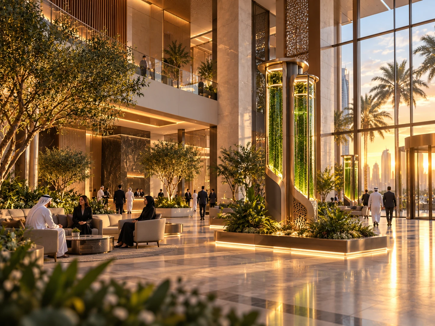 Architectural concept of illuminated Urban’Alg microalgae units in a warm biophilic lobby with people, tall glazing and landscaped planters